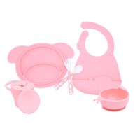 5 PC Silicone Dinnerware Baby Place Mat Cup Flatware Bowl Bib Fork and Spoon Anti Slip Easy to Clean Kids Placemat Fun Animal Shapes and Colors 5 Piece Set Pink (Pig)