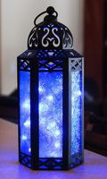 Vela Lanterns Moroccan Style Candle Lantern with LED Lights, Medium, Blue Glass