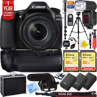 Canon EOS 80D 24.2 MP CMOS DSLR Camera with EF-S 18-135mm f/3.5-5.6 is USM Lens Bundle with 2X 32GB Memory Card, Microphone, 3X Battery, Flash, 1 Year Extended Warranty and Accessories (15 Items)