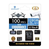 2-Pack High Endurance 128GB MicroSDXC Card for Video Monitoring - Dash Cam, Body Cam, Surveillance Cam, Home Security Cam, Drone, Action Camera. Amplim U3, V30, A1, 4K UHD, Micro SD TF with Adapter