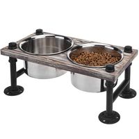 MyGift Torched Wood & Industrial Metal Elevated Double Pet Feeder Stand with 2 Stainless Steel Bowls
