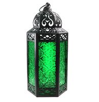 Vela Lanterns Moroccan Style Candle Lantern with LED Lights, Large, Green Glass