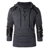 Men's Casual Hoodie Tops Long Sleeve Shirts Gym Workout Pockets Vintage Leather Patchwork Sweatshirt Drawstring WEI MOLO
