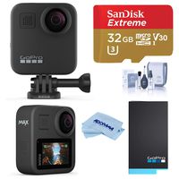 GoPro MAX Waterproof 360 Camera + Hero Style Video, with Touch Screen, 5.6K30 HD Video 16.6MP Photos Bundle with Extra Battery, 32GB microSD Card, Cleaning Kit