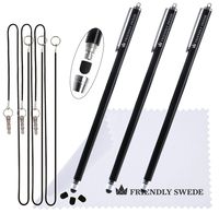 Extra Long - Bundle of 3 Thin-Tip High Precision Universal Capacitive Stylus Pens 7.3'' + Extra 3 Replaceable Tips + 2 x 15'' Elastic Tether Lanyards + Cleaning Cloth (Black)