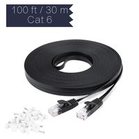 Cat6 Ethernet Cable 100 ft Black with Free White Cable Clips - Ikerall RJ45 Flat Ethernet Patch Cable Internet Wire 100 Feet(30.5 Meters) - Compatible with Cat5e / Cat5 Standards
