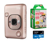 Fujifilm Instax Mini Liplay Hybrid Instant Camera (Blush Gold), Bundle Instax Mini Instant Daylight Film, Twin Pack (20 Exposures), 32GB MicroSD Card