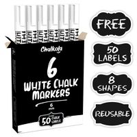 Liquid Chalk Marker Pen - White Dry Erase Chalk Markers for Chalkboard Signs, Windows, Blackboard, Glass - 6mm Reversible Tip (6 Pack) - 50 Chalkboard Labels Included