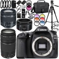 Canon EOS 80D Camera 39PC Kit - w/Canon EF-S 18-55mm f/4-5.6 is STM Lens, Canon EF 75-300mm f/4-5.6 III Lens, Canon EF 50mm f/1.8 STM Lens 64GB Bundle, More