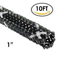 1" PET High Flame Retardant Expandable Braided Sleeving - Black w/White Tracer - 10FT