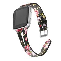 bayite Leather Bands Compatible with Fitbit Versa/Versa 2, Slim Wristband with Ventilated Hole Replacement Accessories Strap Versa Women Men, Black/Pink Floral