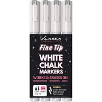 Kassa White Chalk Markers Fine Tip (4 Pack 3mm) - Chalkboard Markers Erasable - Wet Erase Markers for Glass Blackboard Windows - Liquid Chalk Pens Include Dual Chisel & Bullet Tip