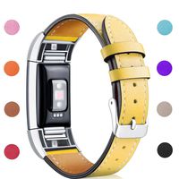 Hotodeal Replacement Leather Band Compatible for Charge 2, Classic Genuine Leather Wristband Metal Connector Watch Bands, Fitness Strap Women Men Small Large (Yellow- Silver Buckle)
