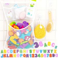 Tub Cubby Bath Toy Organizer + 36 Soft Foam ABC 123 Letters & Numbers - 14x20" Mesh Net with 3 Bins Keep Kids Bathtub Games Dry - Shower Caddy Storage Set 4 Suction & Sticker Hooks