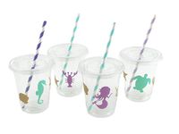 Mermaid Cups - 12 Set Plastic Lids Straws Birthday Party Supplies Baby Shower