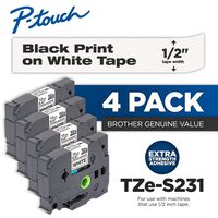 Brother Genuine P-Touch 4-Pack TZe-S231 Laminated Tape, Black Print on White Extra Strength Adhesive Laminated Tape for P-Touch Label Makers, Each Roll is 0.47"/12mm (~ 1/2") Wide, 26.2 ft. (8M) Long