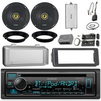 Kenwood KDCBT32 CD Receiver Bundle/2 Kicker 6.5" Speaker + Motorcycle Speaker Adapters + Amplifier + Dash Kit W/Radio Cover + Handle Bar Conrol for 98-2013 Harley Davidson + Enrock Antenna