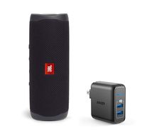 JBL Flip 5 Waterproof Portable Wireless Bluetooth Speaker Bundle with 2-Port USB Wall Charger - Black