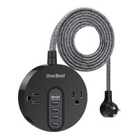 Travel Power Strip with 4 USB Ports Flat Plug, 4.5A Fast USB Charging Power Strip Surge Protector Small Portable Mini 2 Wide Space AC Outlet 5ft Fabric Extension Cord for Travel Home Office, Black