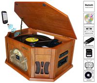 Boytone BT-25WB 8-in-1 Natural Wood Classic Turntable Stereo System with Bluetooth Connection, Vinyl Record Player, AM/FM, CD, Cassette, USB, SD Slot. 2 Built-in Speakers, Remote Control, MP3 Player