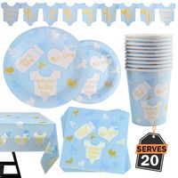 82 Piece Baby Boy Shower Party Supplies Set Including Plates, Cups, Table Napkins, Tablecloth and Banner, Serves 20