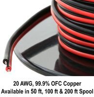 True 20 Ga (American Wire Gauge) 99.9% OFC Stranded Oxygen Free Copper, Red/Black 2 Conductor Bonded Zip Cord Power/Speaker Cable for Car Audio, Home Theater, LED Light. Choices of 50 or 100 FT