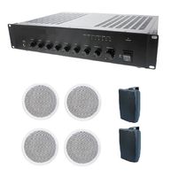 Store/Office/Restaurant Business Background Music Sound System- Amp, 4 Ceiling Speakers, 2 Outdoor Speakers, 2 Volume Controls +