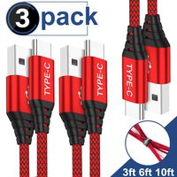 USB Type C Cable,AkoaDa 3-Pack (10ft+6.6ft+3.3ft) USB A to USB-C Fast Charger Nylon Braided Cord Compatible Samsung Galaxy S8 S9 S10 Plus Note 9 8,Google Pixel 2 3 XL,LG V30,Moto Z3 Play Force(Red)