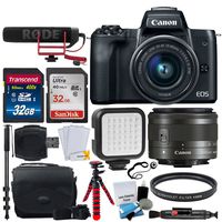 Canon EOS M50 Mirrorless Digital Camera with 15-45mm Lens Video Creator Kit (Black) + 32GB SDHC Memory Card Premium + Vivitar VIV-BTC-6 Bag + Monopod & Tripod + LED Video Light + 49mm UV Filter