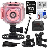 Precision Design K1 Kids HD Action Camera Camcorder (Pink) with Helmet & Handlebar Bike Mounts + 32GB Card + Case + Selfie Stick + Kit