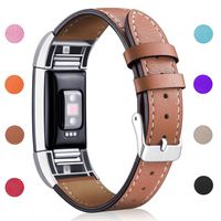 Hotodeal Replacement Leather Band Compatible for Charge 2, Classic Genuine Leather Wristband Metal Connector Watch Bands, Fitness Strap Women Men Small Large (Brown- Silver Buckle)