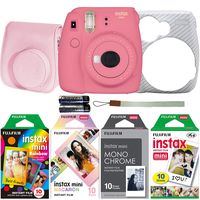 Fujifilm Instax Mini 9 Instant Film Camera Holiday Bundle (Flamingo Pink) with Four Fun Film Packs - 1 x Rainbow, 1 x Macaron and 1 x Monochrome - 40 Exposures with Accessories