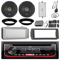 JVC KDR490 CD Receiver Bundle/2 Kicker 6.5" Speaker + Motorcycle Speaker Adapters + Amplifier + Dash Kit W/Radio Cover + Handle Bar Conrol for 98-2013 Harley Davidson + Enrock Antenna