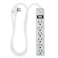 Stripes 6 Outlet Power Strip, 4 Ft Power Cord, Flat Plug, Wall Mount, Bedroom, Dorm, or Home Décor, Power Switch, Integrated Circuit Breaker, UL Listed, White, Gray and Mint, 31040