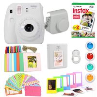 Fujifilm Instax Mini 9 Instant Print Camera Super Bundle with New Camera Case & Accessories | Photo Album, Photo Stickers, 10 Mini Frames, Close Up Lens & More (Smokey White) (Renewed)