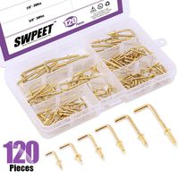 Swpeet 120Pcs 6 Sizes Gold Brass Plated Metal Screw-in Square Bend Hooks Kit, Gold Square Bend Hooks Self-Tapping Screws Hooks for Home/Workplace/Office
