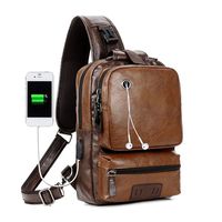 Men PU Leather Sling Bag Cross Body Messenger Daybag Unbalance Chest Pack Satchel Shoulder Travel Cycling Backpack with USB Charge
