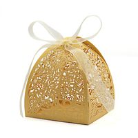 KEIVA Pack of 70 Laser Cut Rose Candy Boxes, Favor Boxes 2.5"x 2.5"x 3.1", Gift Boxes for Bridal Shower Anniverary Birthday Party Wedding Favor (Gold)