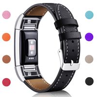 Hotodeal Replacement Leather Band Compatible for Fitbit Charge 2, Classic Genuine Leather Wristband Metal Connector Watch Bands, Fitness Strap Women Men Small Large (Black- Silver Buckle)
