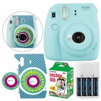 Fujifilm instax Mini 9 Instant Film Camera (Ice Blue) + Fujifilm Instax Mini Twin Pack Film (20 Shots) - Camera Sticker for Fuji Instax Mini Cameras + 4 AA Batteries & White Charger - Deluxe Bundle