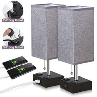ZEEFO USB Table Lamp, Gray Square Fabric Shade Bedside Table Lamp with Two AC Outlet & Fast Dual USB Charging Ports, Modern Design Desk Lamp Ideal for Bedroom,Office,Guest Room, Kids Room (Set of 2)