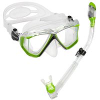 Cressi Panoramic Wide View 4 Panel Mask Dry Snorkel Set, Lime Green/Clear Silicone