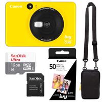 Canon Ivy Cliq Bumble Bee Yellow Instant Camera Printer Bundle with Zink Paper (50 Sheets), Camera Bag and 16GB MicroSD Memory Card