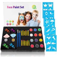 Face Paint Kit for Kids 12 Colors Face Paint Crayons, 12 Colors Washable Paints, 3 Brushes, 4 Sponges, 2 Shimmering Glitter Gels, 4 Body Paint, 30 Stencils and 1 Plastic Gloves