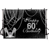 MEHOFOTO 7x5ft Black and Silver Woman Happy 60th Birthday Banner Photo Studio Booth Background Glitter Diamond Pearls High Heels Party Decoration Backdrops for Photography