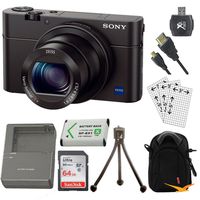 Sony DSC-RX100M III Cyber-shot Digital Still Camera Bundle with 64GB Card, Spare Battery, Rapid AC/DC Charger, SD Card Reader, Case, LCD Screen Protectors, and Table top Tripod