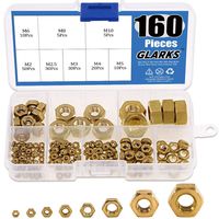 Glarks 160Pcs Metric M2 M2.5 M3 M4 M5 M6 M8 M10 High Strength Brass Hex Nuts Assortment Kit