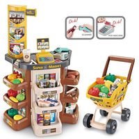 Supermarket Shopping Set for Kids - Pretend Play Shopping Grocery Store w/ Shopping Cart & Scanner, Includ Credit Card Machine/ Fruits / Unique Scan Able Food & Accessories for Boy & Girls (Brown)