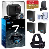 GoPro HERO7 Black - Waterproof Digital Action Camera with Touch Screen 4K HD Video 12MP, Live Streaming, Bundle with Head Strap and QuickClip + 2 Extra Battery + 64GB microSD Card + Cleaning Kit