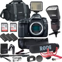 Canon EOS 5D Mark IV DSLR Camera (Body Only) with Battery Grip + Rode Microphone + x2 64GB Memory Cards + TTL Flash + x3 Batteries + LED Light + TTL Flash and More